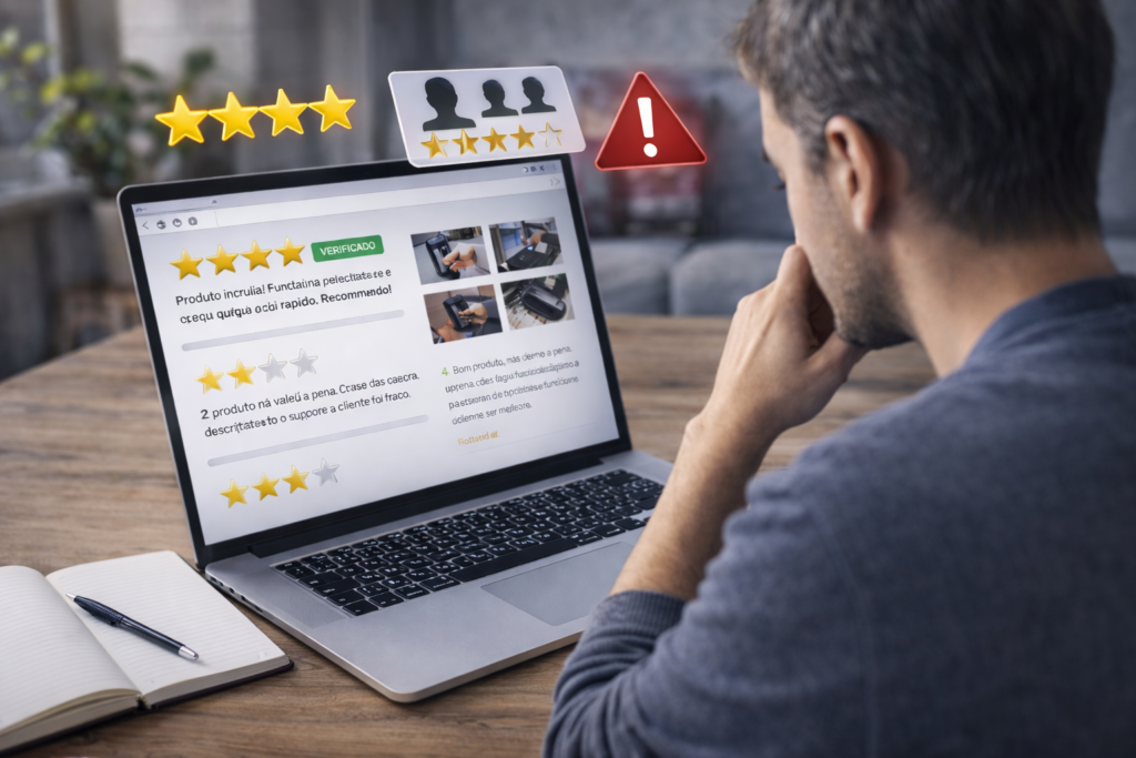 Pessoa a analisar avaliações de produtos online antes de tomar uma decisão de compra