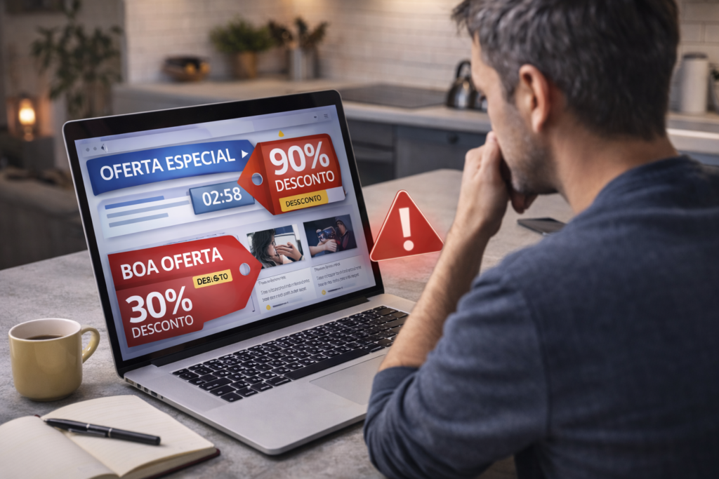 Pessoa a analisar boas ofertas online com atenção para evitar burlas