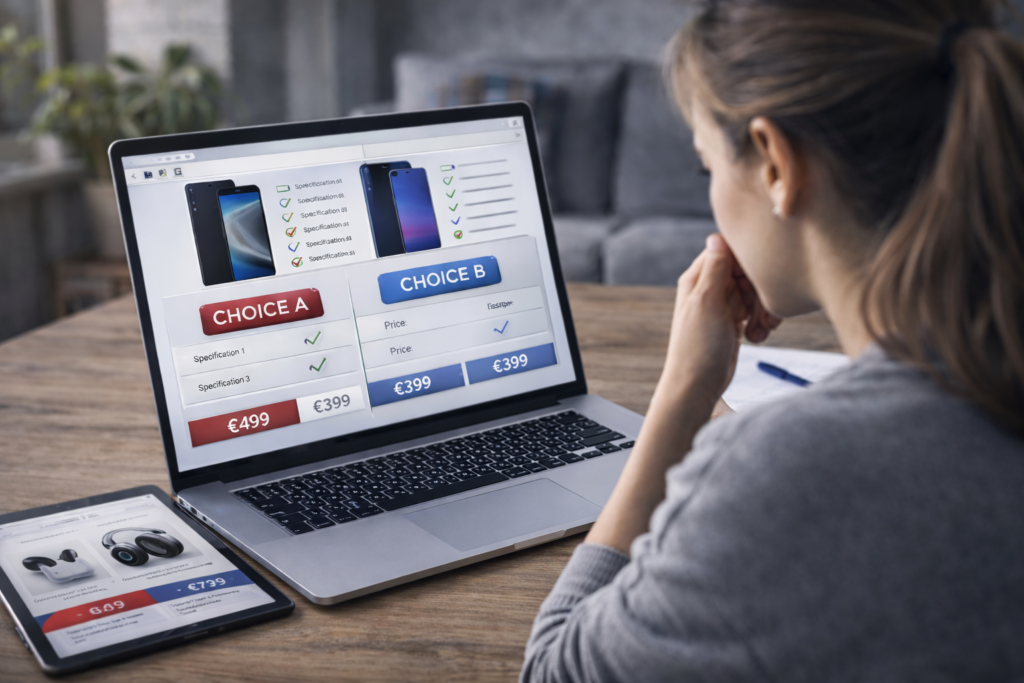 Pessoa a comparar produtos online antes de tomar uma decisão de compra
