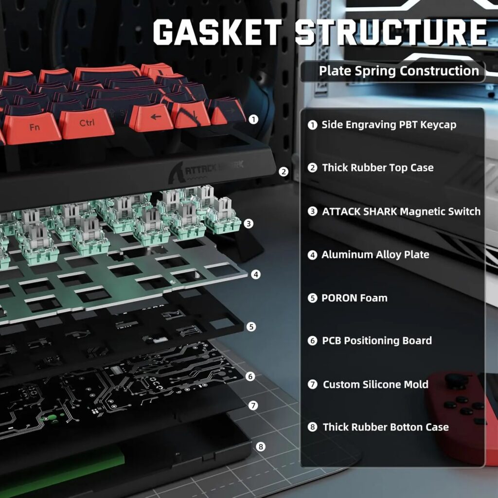 ATTACK SHARK X68HE PRO com estrutura gasket mount, espuma interna e melhor acústica para gaming e digitação