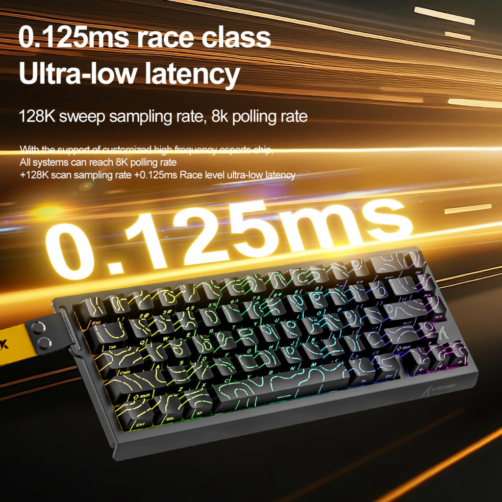 ATTACK SHARK X68HE PRO com latência ultrabaixa de 0,125 ms para gaming competitivo e resposta extremamente rápida
