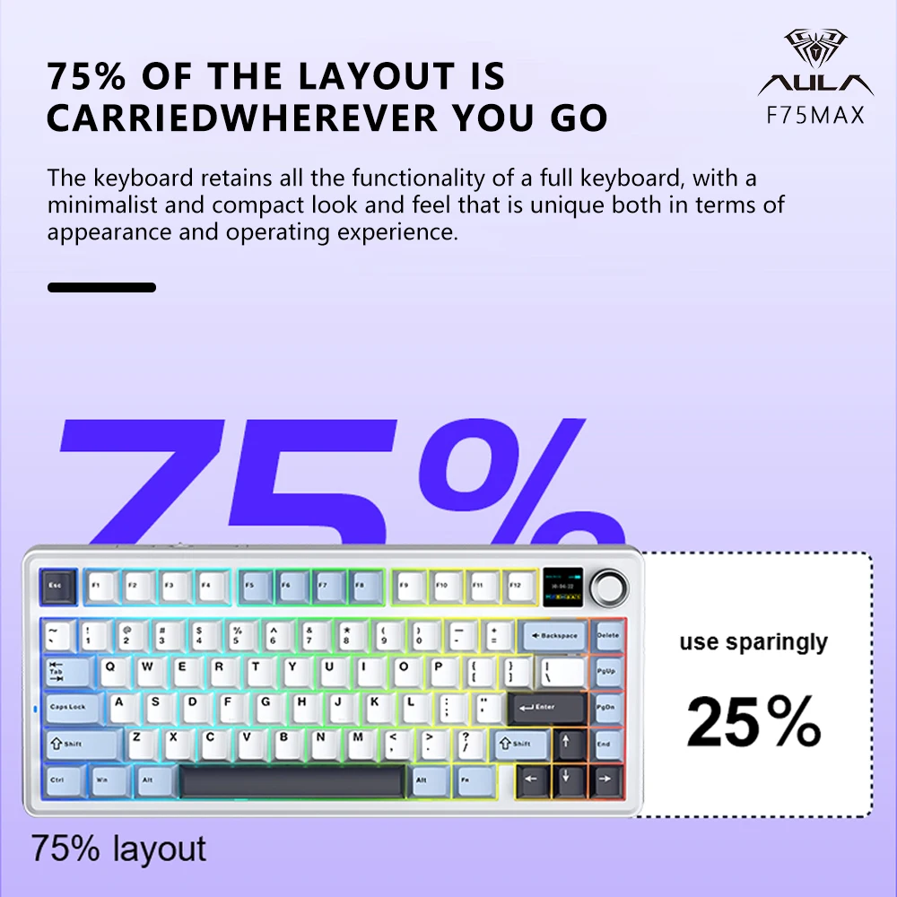 AULA F75 Max com layout 75% compacto que ocupa menos espaço na secretária e melhora a experiência gaming