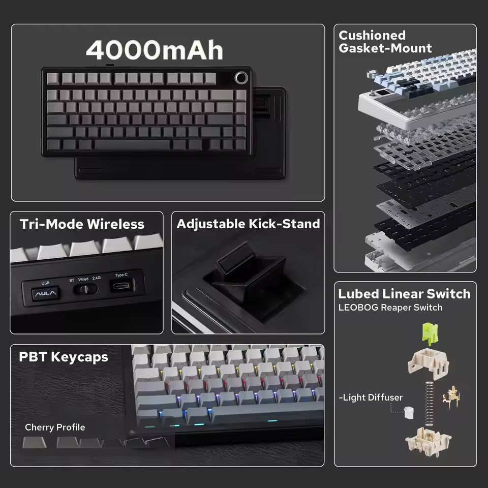 AULA F75 Max com bateria de 4000mAh, keycaps PBT e estrutura premium para gaming e produtividade