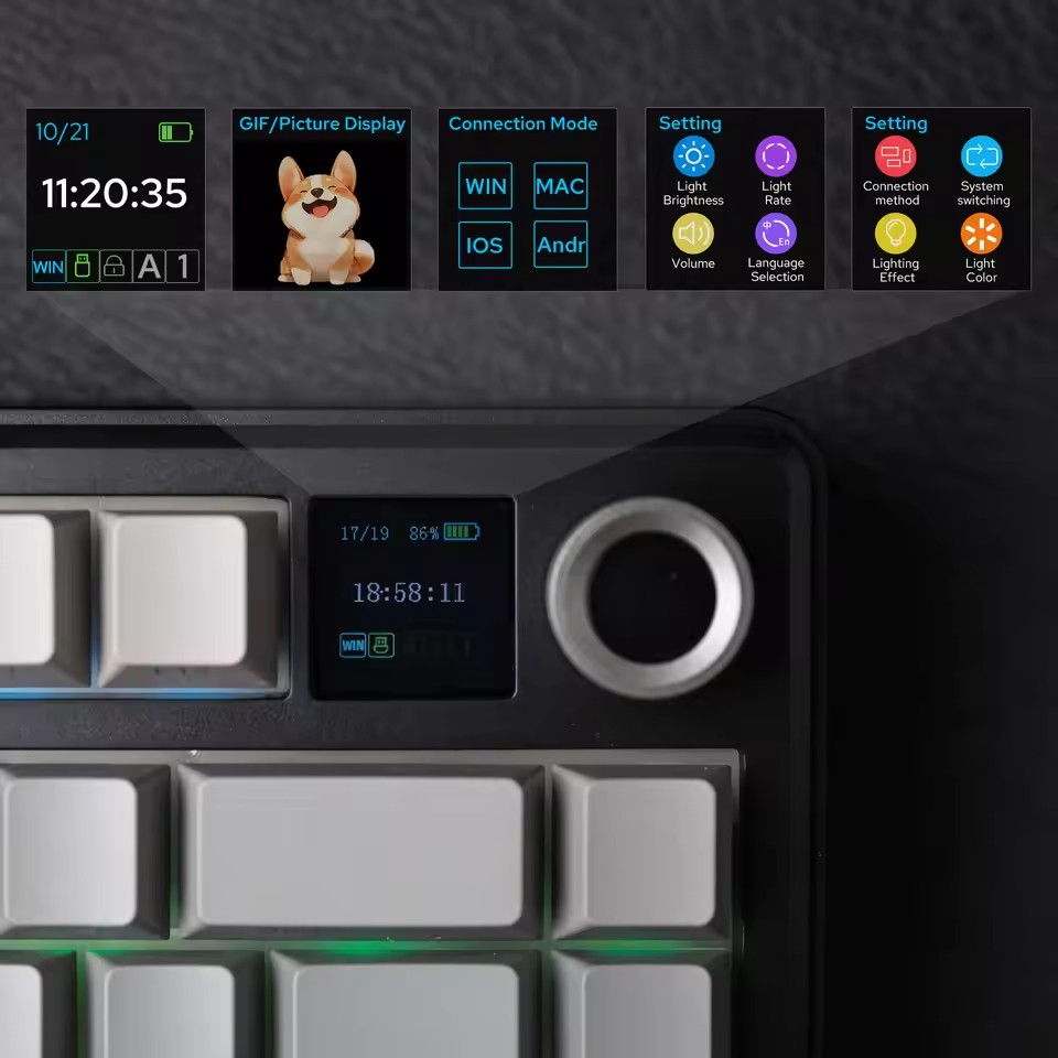 AULA F75 Max com ecrã TFT para mostrar bateria, hora, modo de ligação e animações personalizadas