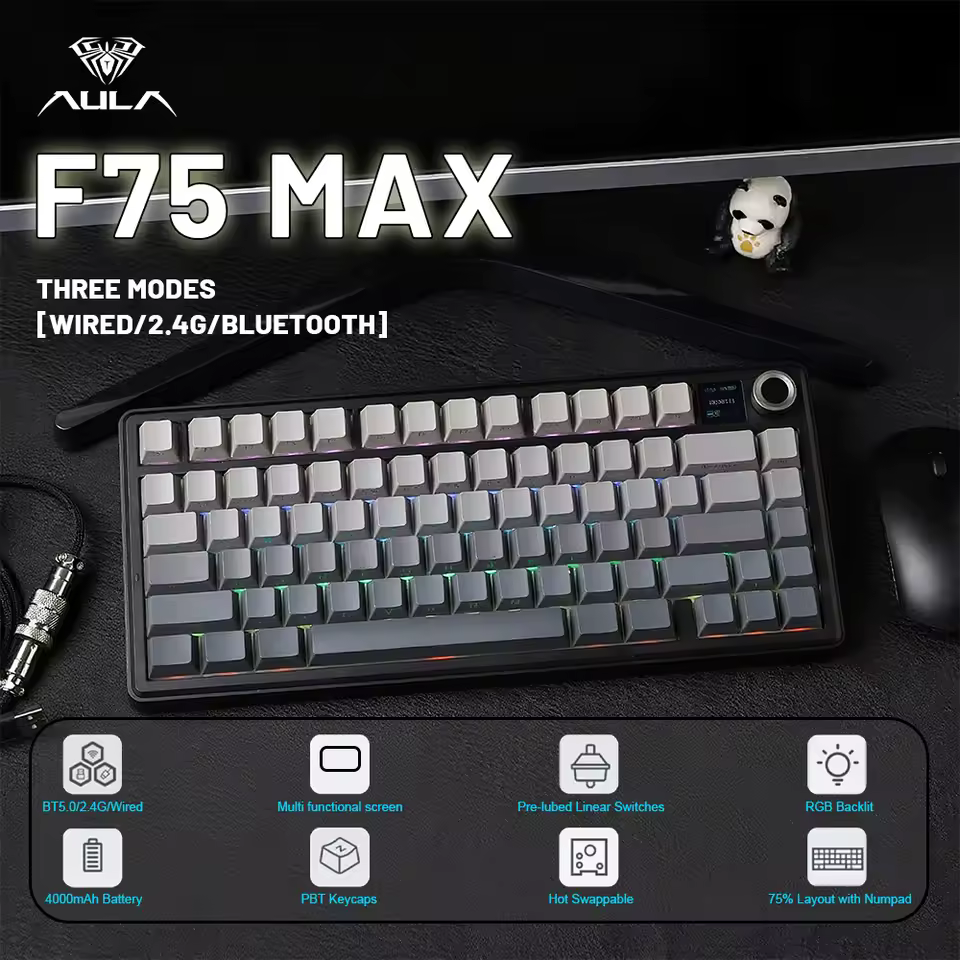 AULA F75 Max com três modos de ligação por USB-C, Bluetooth e 2.4GHz sem fios