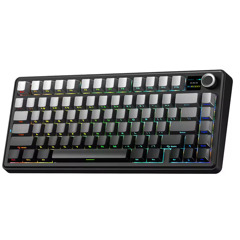 Teclado mecânico gaming AULA F75 MAX com layout compacto, ecrã integrado e iluminação RGB.