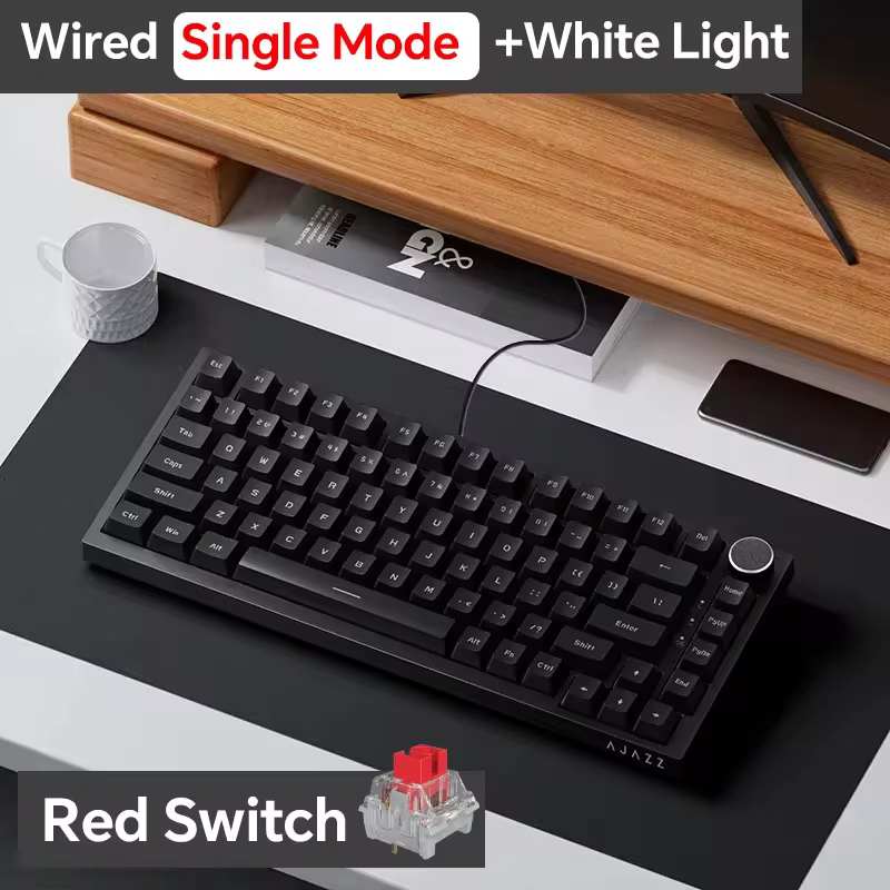 Ajazz AK820 preto com iluminação branca e switches red para uma digitação suave e silenciosa