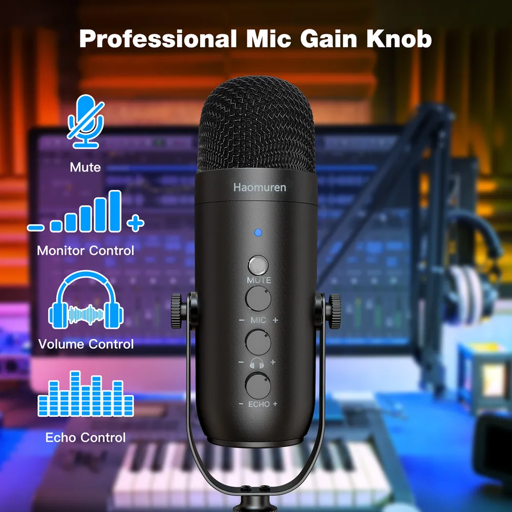 Controlos de volume e mute do Haomuren microfone USB para streaming e podcast
