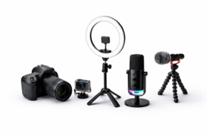 Equipamentos para criação de conteúdo incluindo câmaras, microfones e acessórios de vídeo