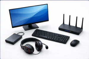Equipamentos de tecnologia como computador portátil, monitor, PC fixo e acessórios