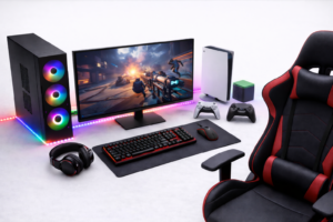 Setup gaming com computador, monitor, consola e periféricos
