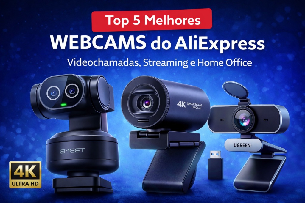 Top 5 melhores webcams do AliExpress em 2026 com modelos EMEET PIXY, EMEET S800 e UGREEN 4K