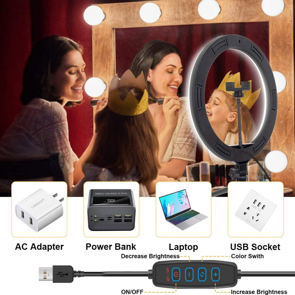 ring light com tripé controlo de brilho e alimentação USB para vídeo