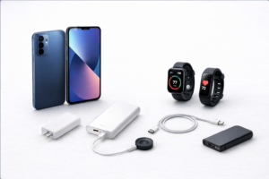 Imagem representativa da categoria Telemóveis com smartphones, smartwatches, carregador europeu, cabo de carregamento  e powerbank