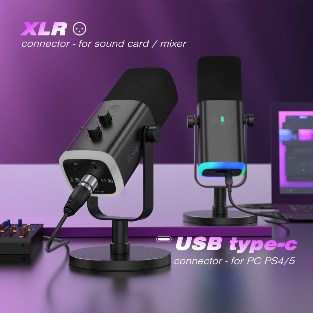 Conectores XLR e USB-C do microfone FIFINE AM8 para streaming e criação de conteúdo