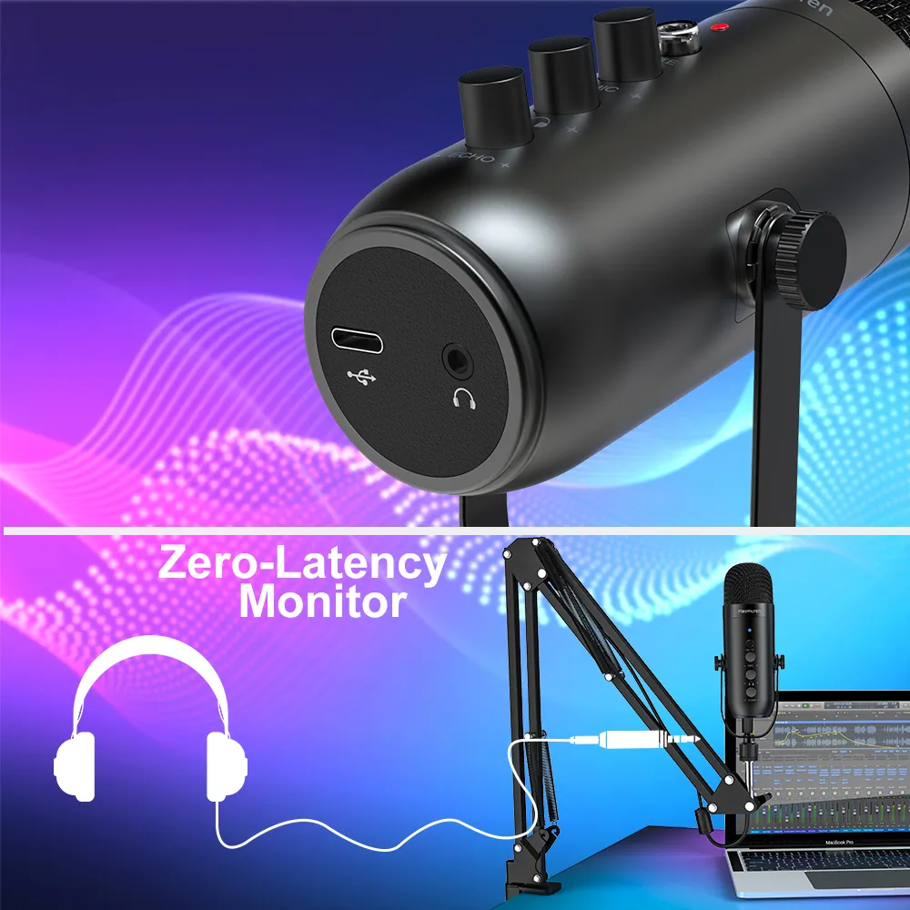 Monitorização de áudio com baixa latência no Haomuren microfone USB