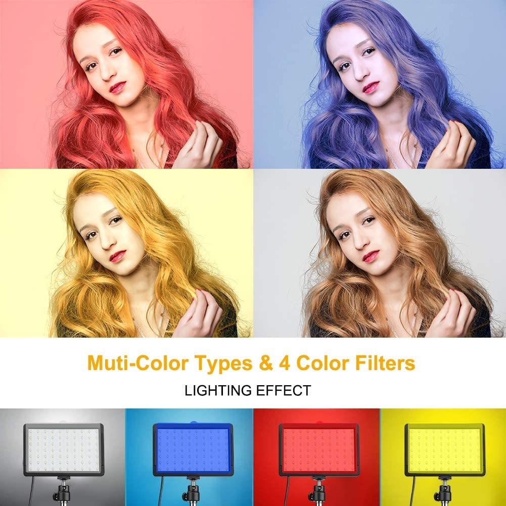efeito de cores da luz LED para vídeo com tripé com filtros RGB em diferentes cenários