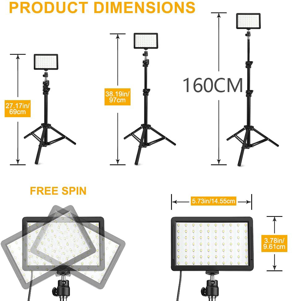 dimensões da luz LED para vídeo com tripé ajustável até 160cm e painel LED