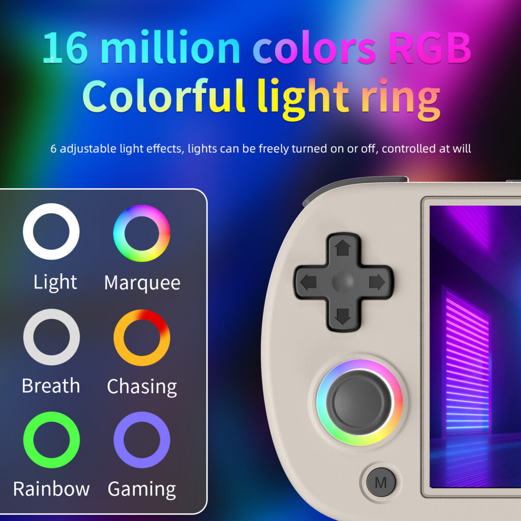 Anbernic RG40XX H com joysticks RGB personalizáveis e vários efeitos de iluminação colorida