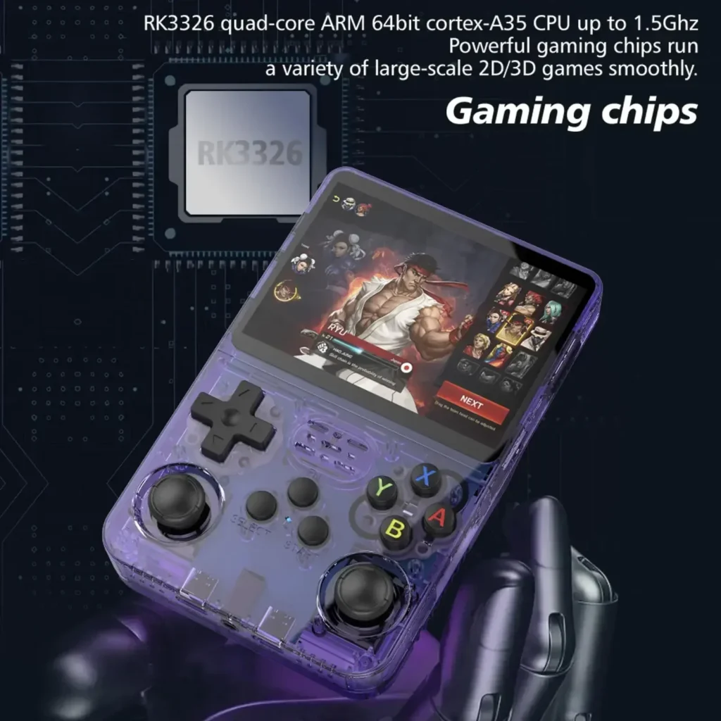 Chip de gaming da BOYHOM R36S otimizado para emular jogos retro de PSP, PS1, Game Boy e outras consolas clássicas