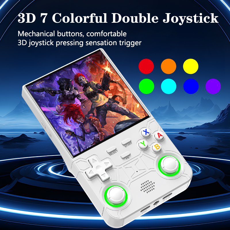 R36 Ultra com joysticks RGB de 7 cores para um visual mais gaming e moderno durante as sessões de jogo retro