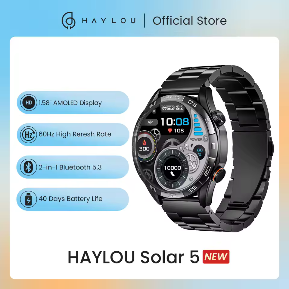 HAYLOU Solar 5 smartwatch com ecrã AMOLED de 1.58 polegadas, Bluetooth 5.3 e bateria até 15 dias