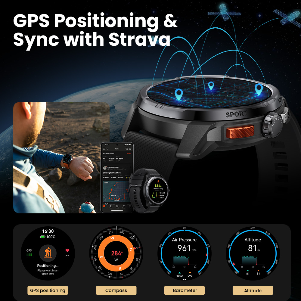 GPS integrado no HAYLOU Solar Ultra com sincronização Strava, bússola, barómetro e altímetro