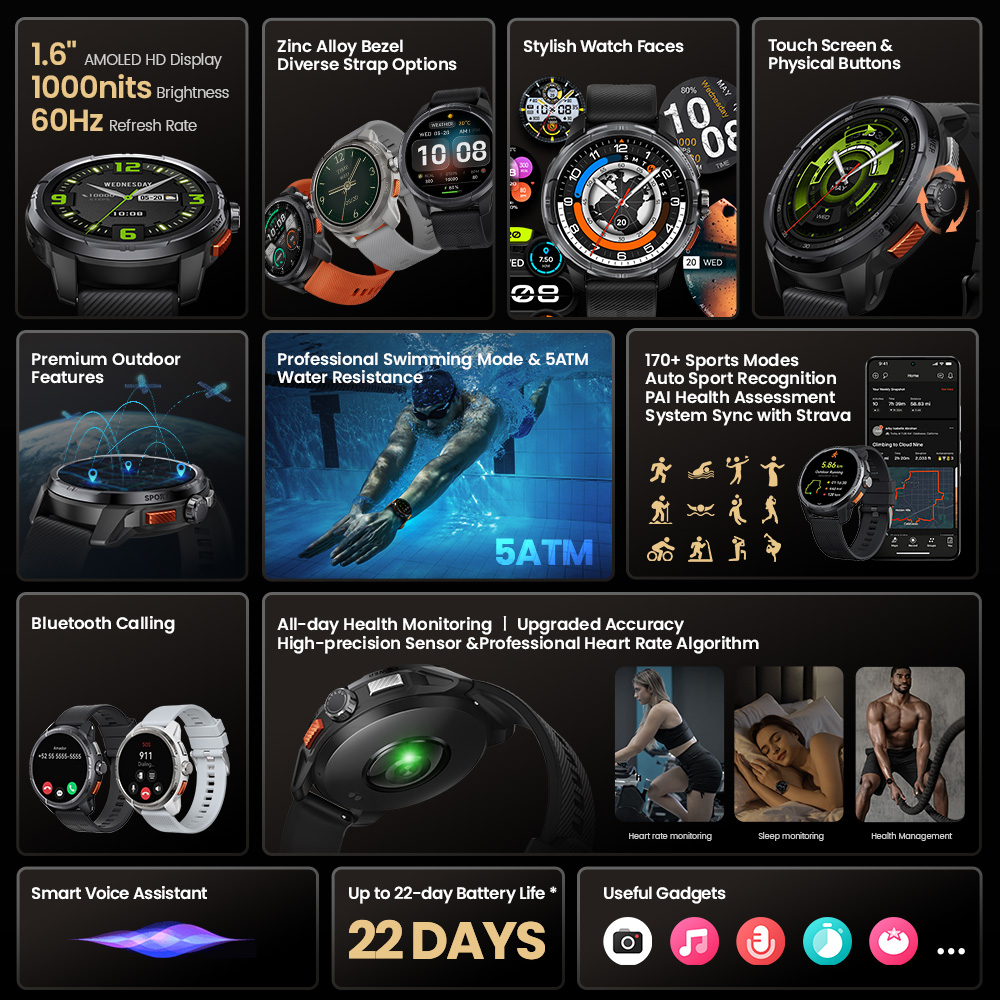 Especificações do HAYLOU Solar Ultra com ecrã AMOLED, GPS, chamadas Bluetooth, 170 modos de treino e bateria até 22 dias