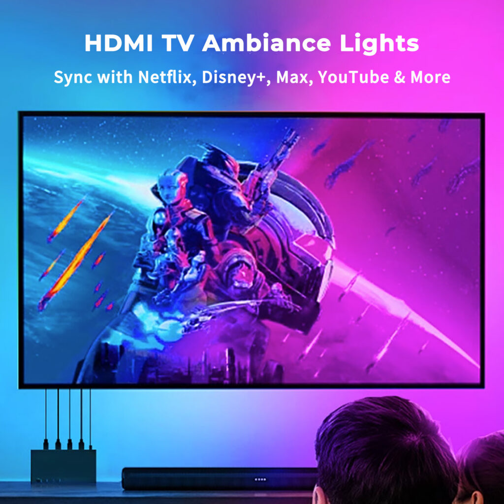 Ambiente gaming com luzes LED para TV sincronizadas com HDMI em tempo real para filmes, música e jogos.