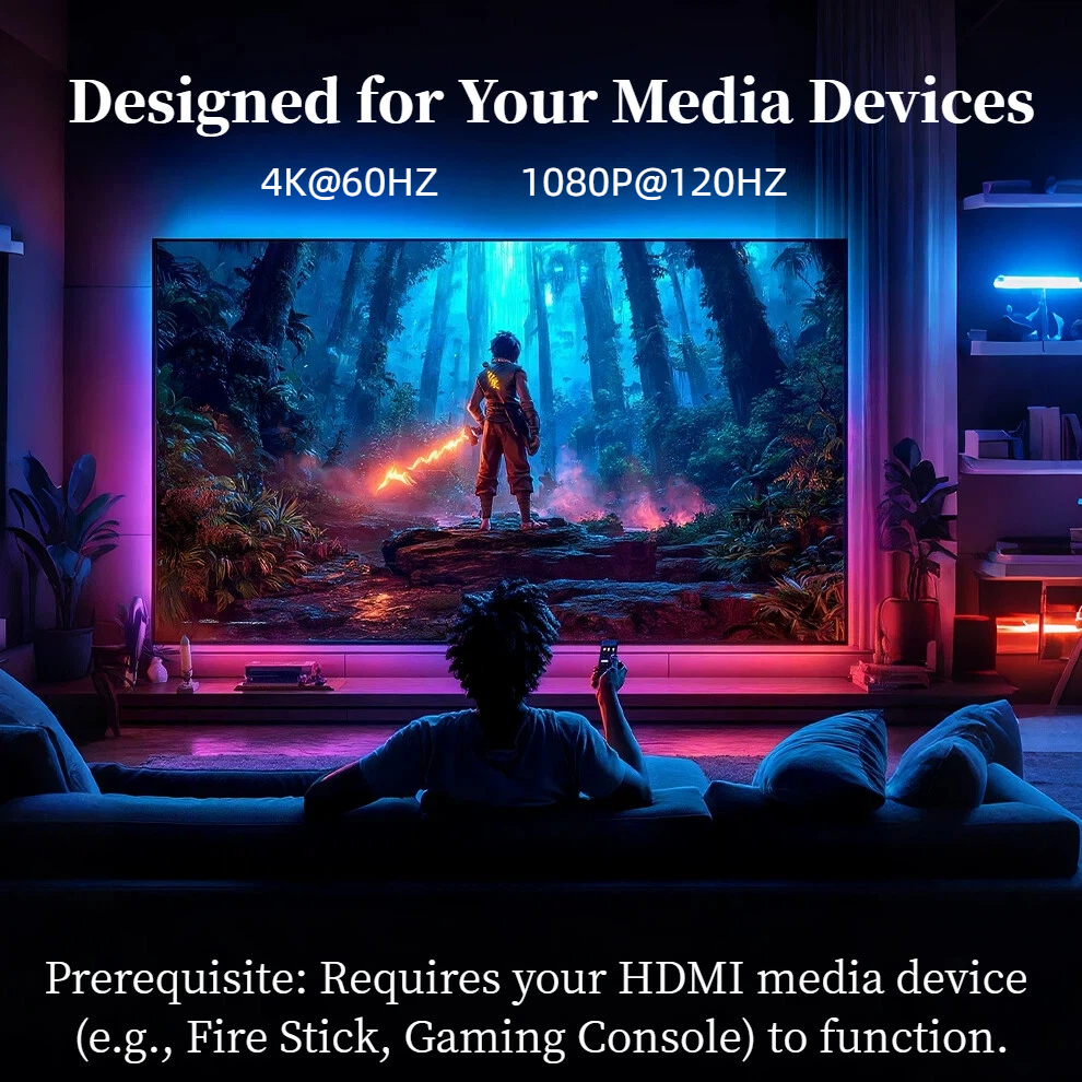 Luzes LED para TV com sincronização HDMI compatíveis com PS5, Fire Stick, Gaming PC e consolas.