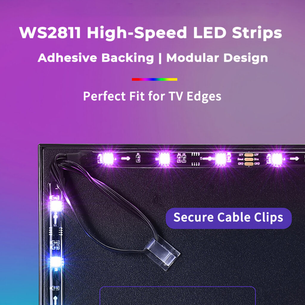 Fita LED WS2811 para TV com adesivo traseiro e instalação fácil nas bordas da televisão.