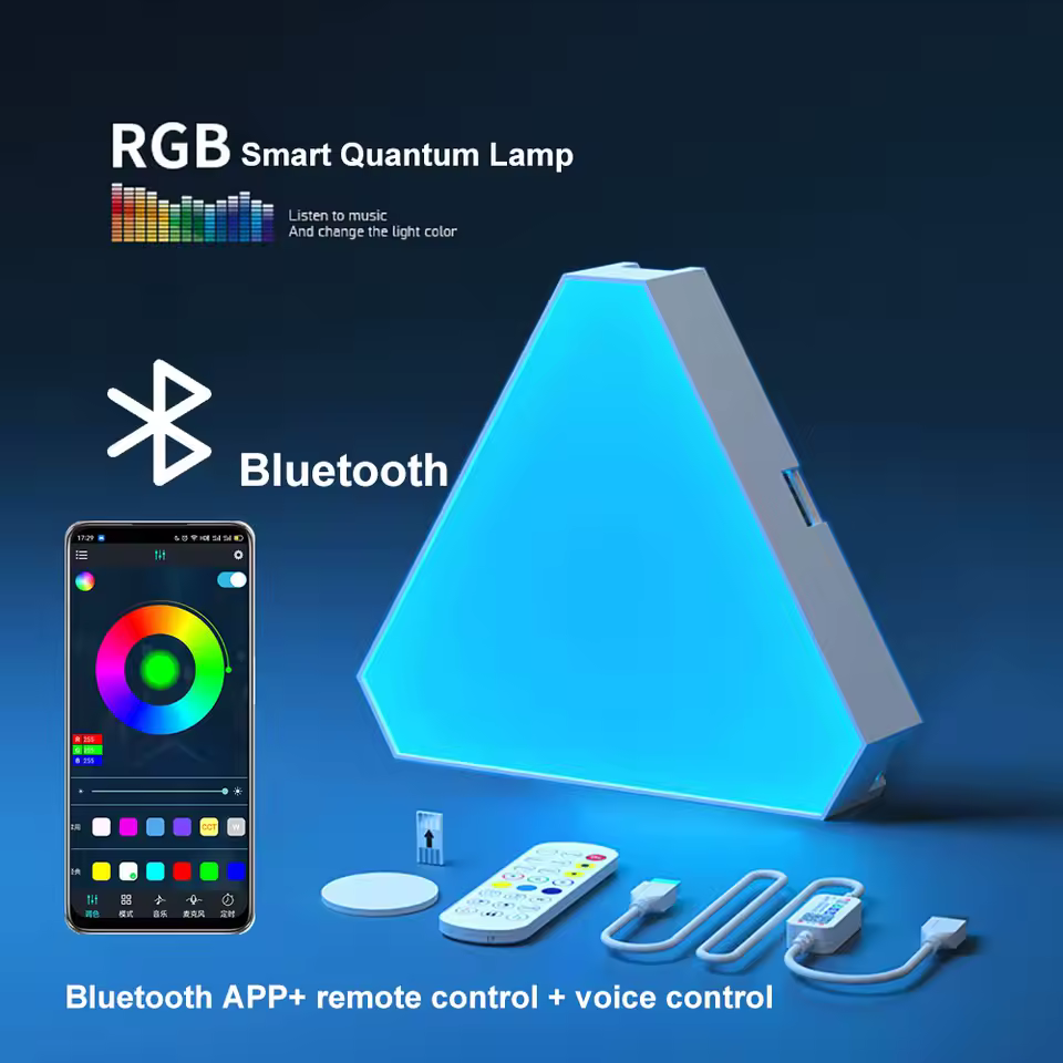 Painel triangular LED RGB com controlo Bluetooth, app e comando remoto.