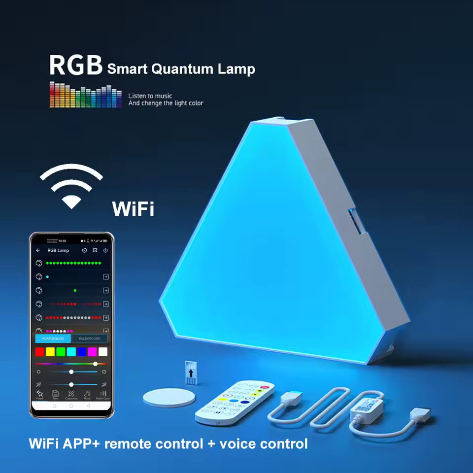 Painel triangular LED RGB com controlo Wi-Fi, app e comando remoto.