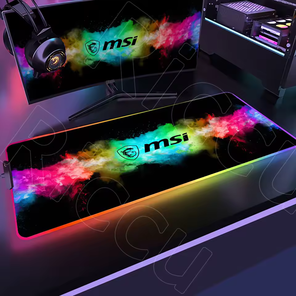 Tapete RGB XXL MSI para setup gaming com iluminação LED nas bordas e design colorido neon