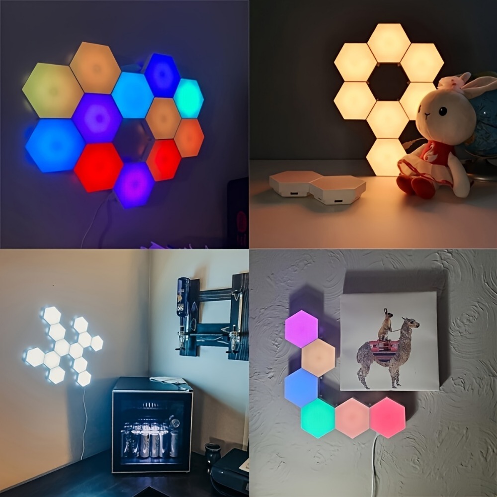 Painéis hexagonais LED RGB com diferentes formatos e estilos de decoração para parede.