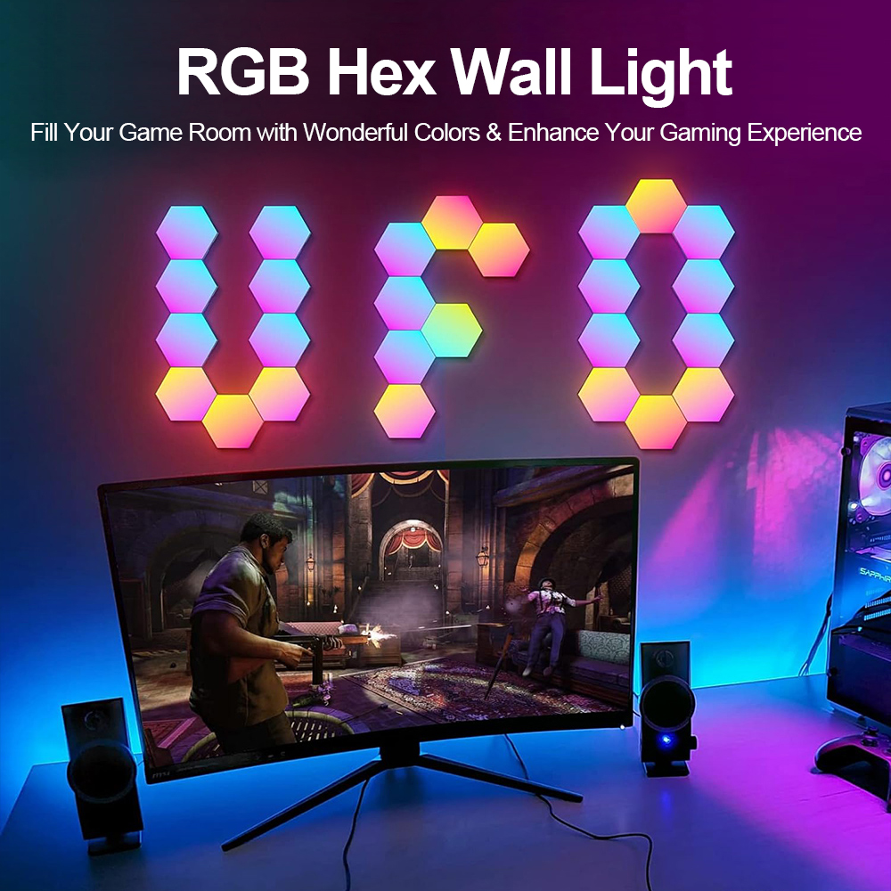 Painéis hexagonais LED RGB em setup gaming com iluminação personalizada na parede.