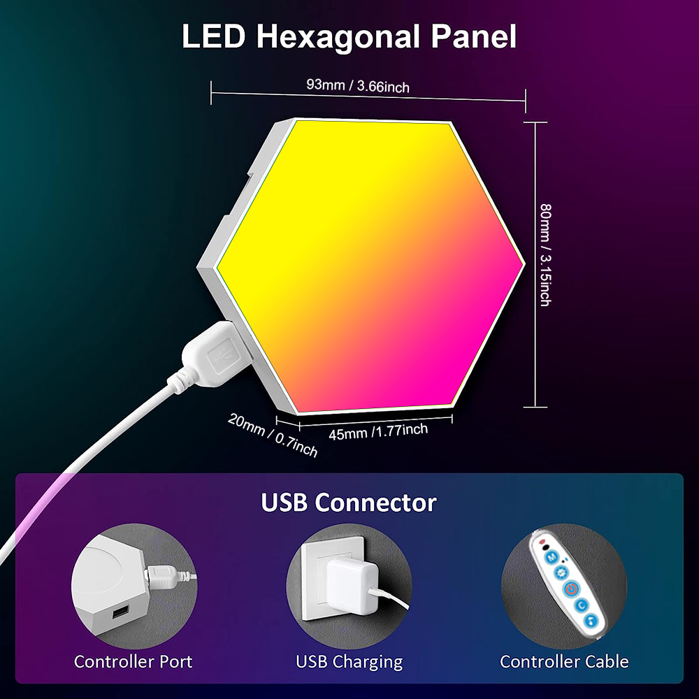 Painel hexagonal LED RGB com ligação USB e instalação simples na parede.