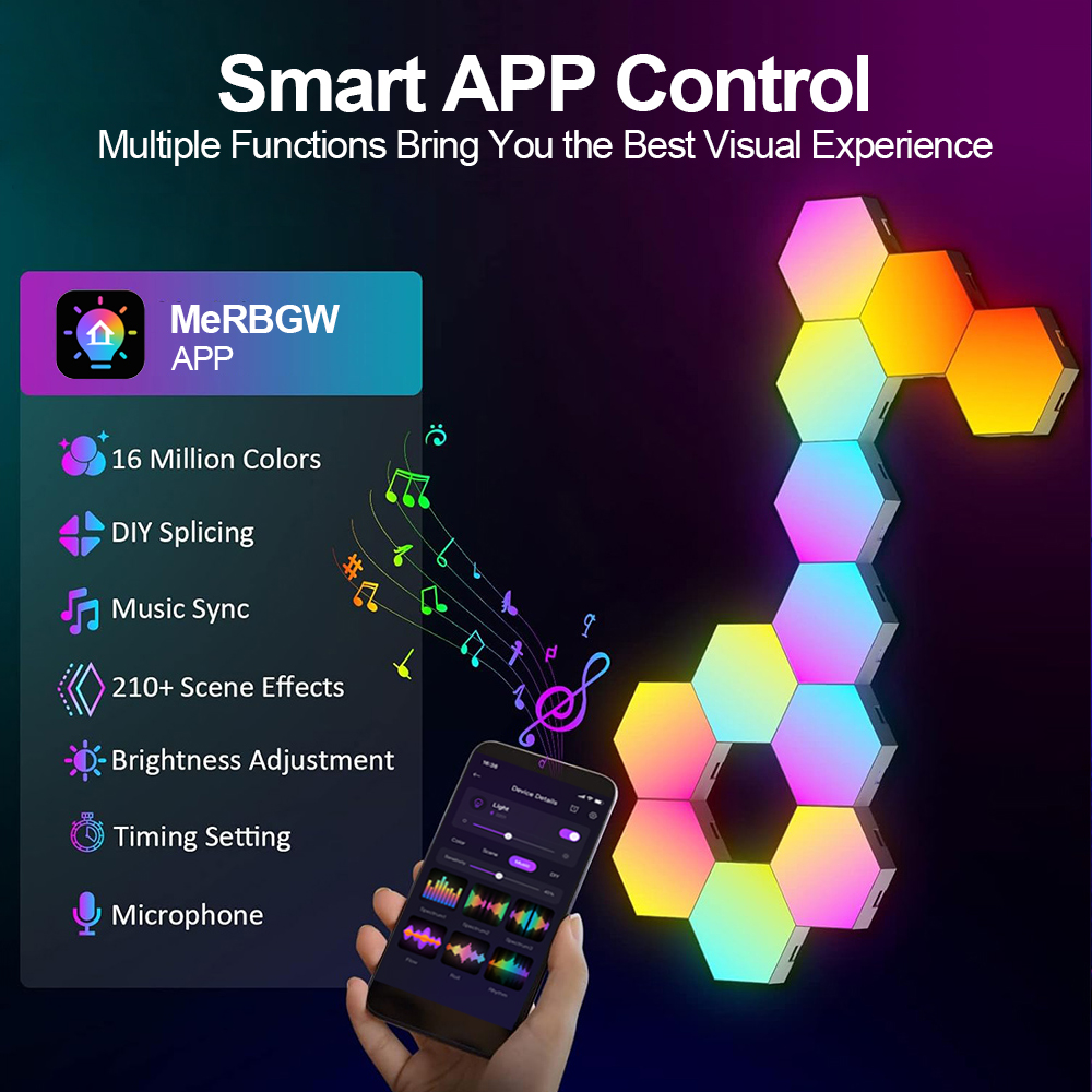 Painéis hexagonais LED RGB com app para controlar cores, brilho e efeitos de iluminação.