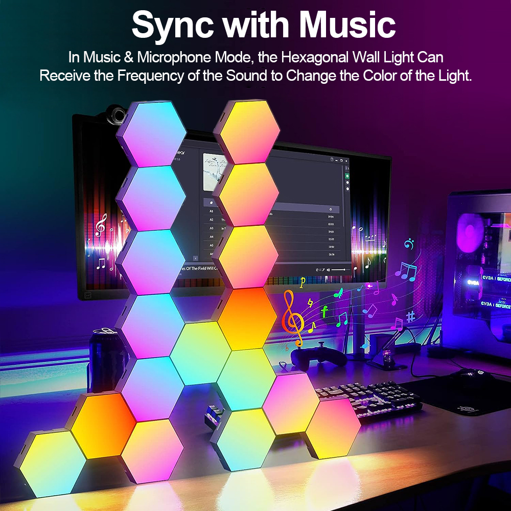 Painéis hexagonais LED RGB com sincronização de música e mudança de cor ao ritmo do som.