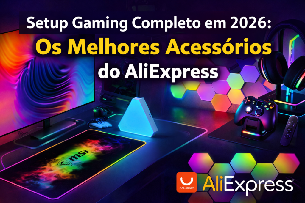 Setup gaming RGB completo com monitor, tapete MSI RGB, painéis LED hexagonais, comando gaming e acessórios do AliExpress