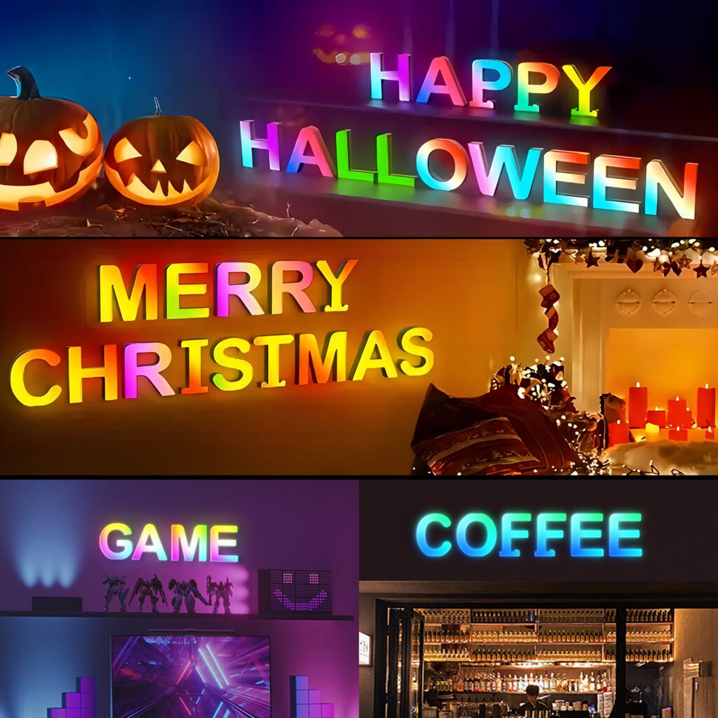 Letras LED RGB personalizadas para criar nomes, frases e decoração em quartos, cafés e festas.