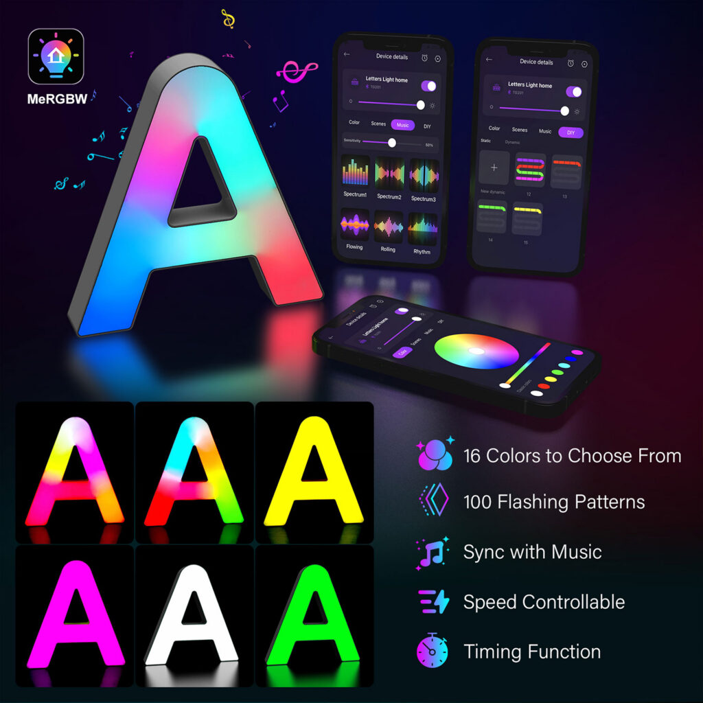 Letras LED RGB com app MeRGBW, vários modos de cor, música e efeitos personalizados.