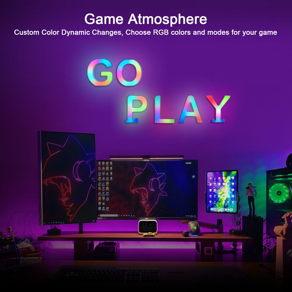 Letras LED RGB para setup gaming com iluminação personalizada e ambiente colorido.