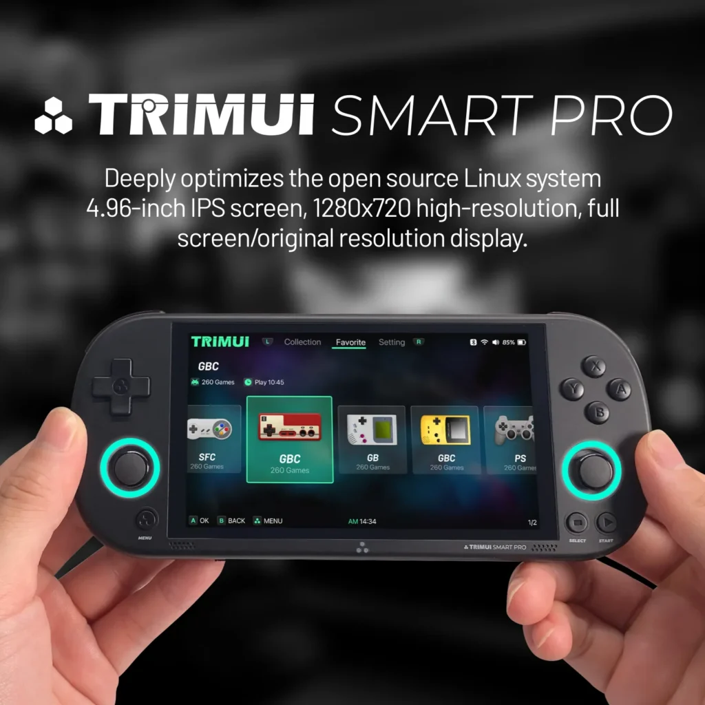 Trimui Smart Pro preta com joysticks RGB iluminados e design portátil moderno