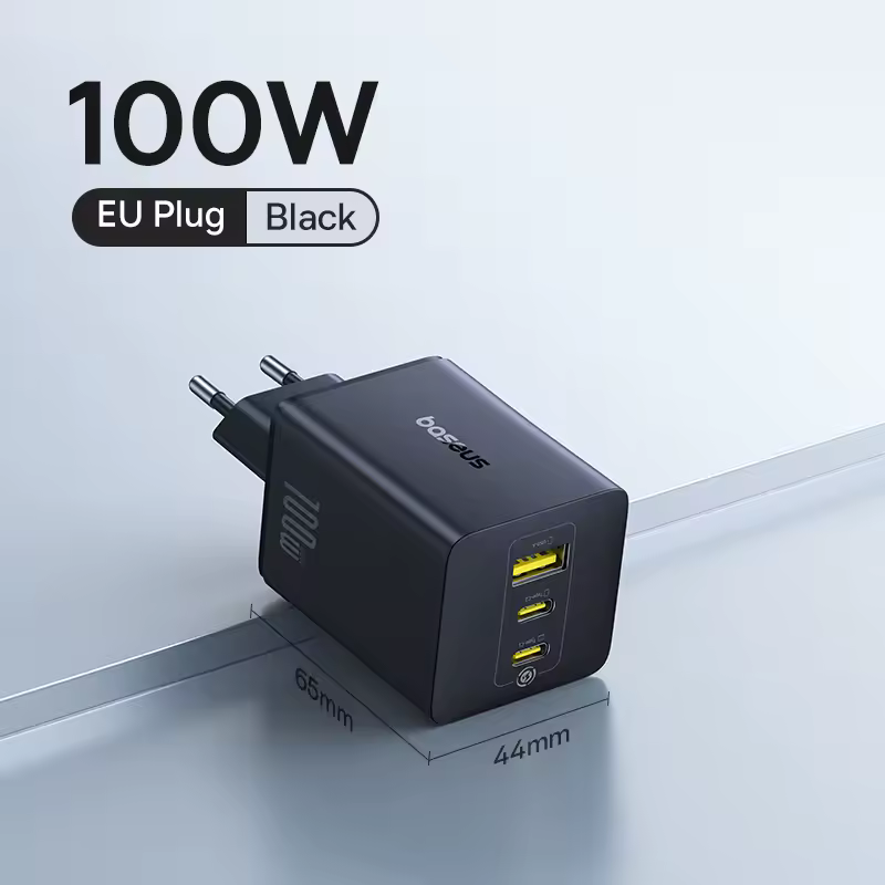 Carregador Baseus 100W GaN com carregamento rápido para portátil, tablet e telemóvel