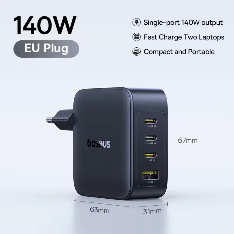 Carregador Baseus 140W GaN fast charge com 3 portas USB-C e 1 USB-A