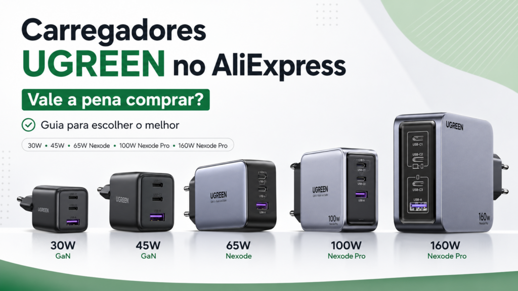 Guia de carregadores UGREEN no AliExpress com modelos 30W, 45W, 65W, 100W e 160W