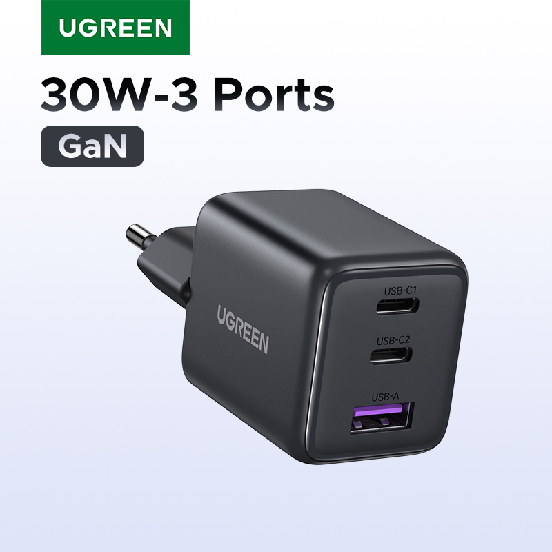 Carregador UGREEN 30W GaN com 3 portas para telemóvel e acessórios