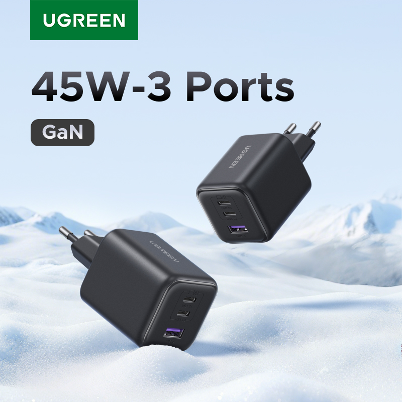 Carregador UGREEN 45W GaN de 3 portas USB-C e USB-A