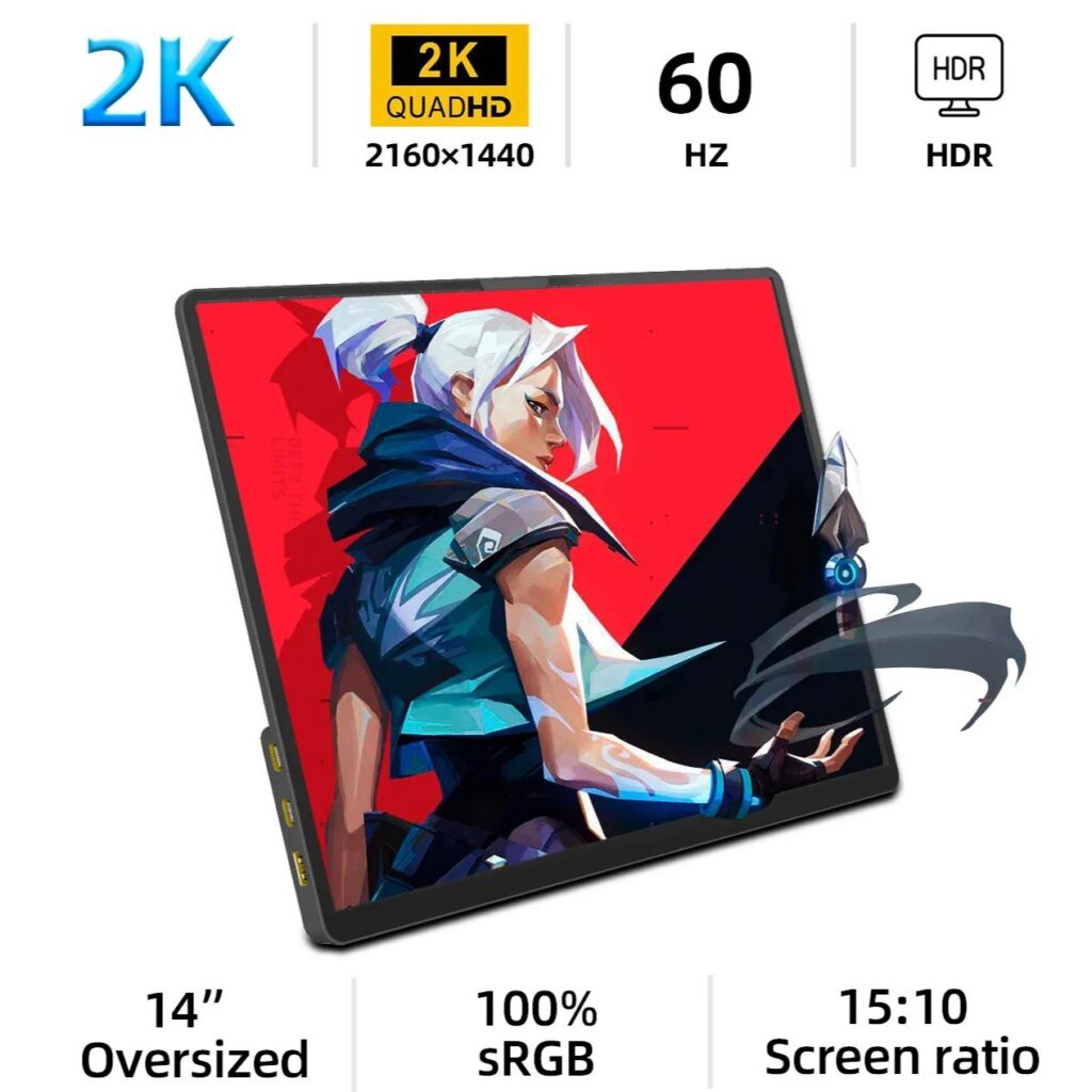 Monitor portátil ZSUS 14 polegadas 2K com resolução 2160x1440, painel IPS e USB-C